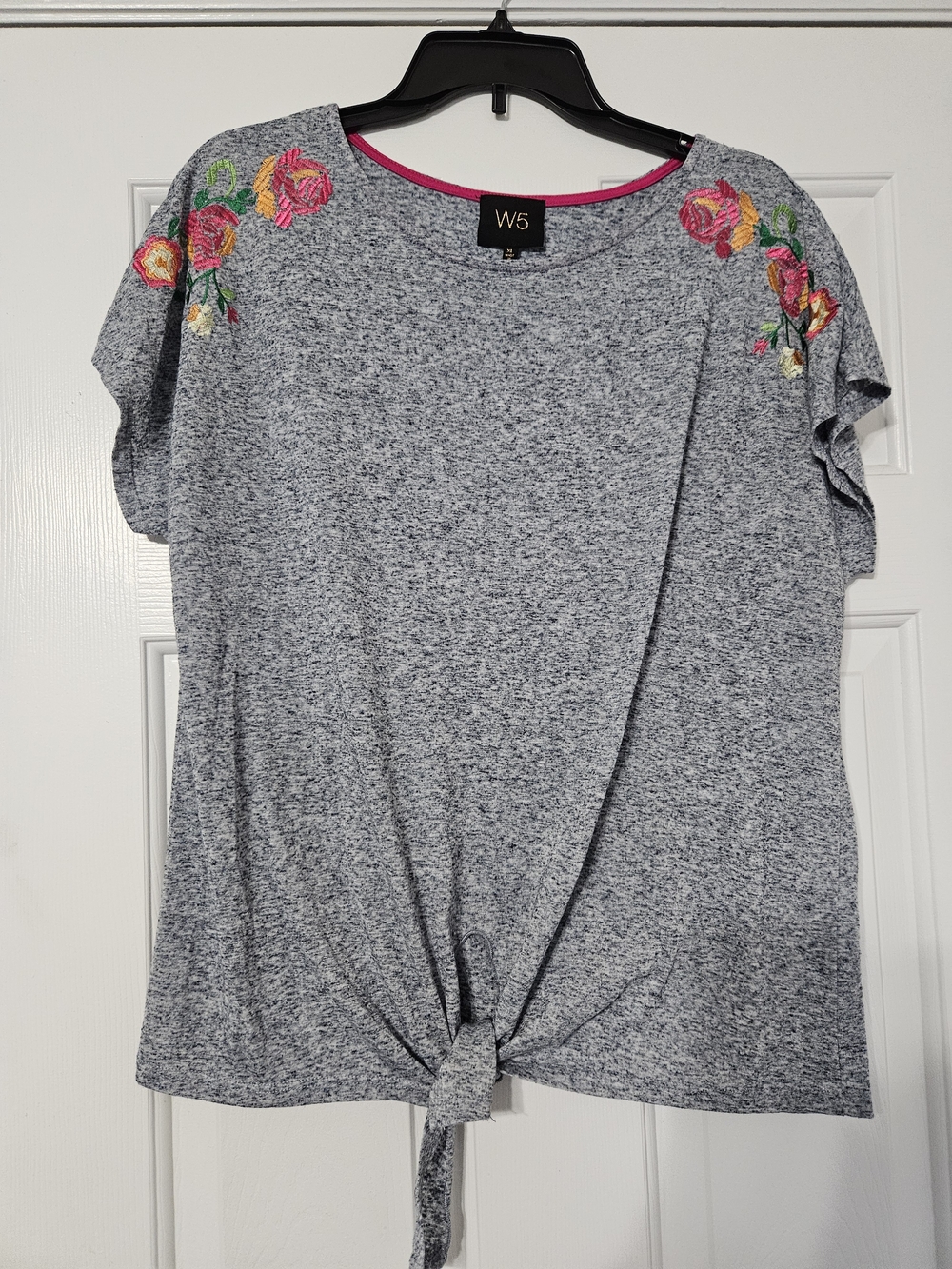 W5 Heather Gray Tie-Front Top with Pink Floral Embroidery